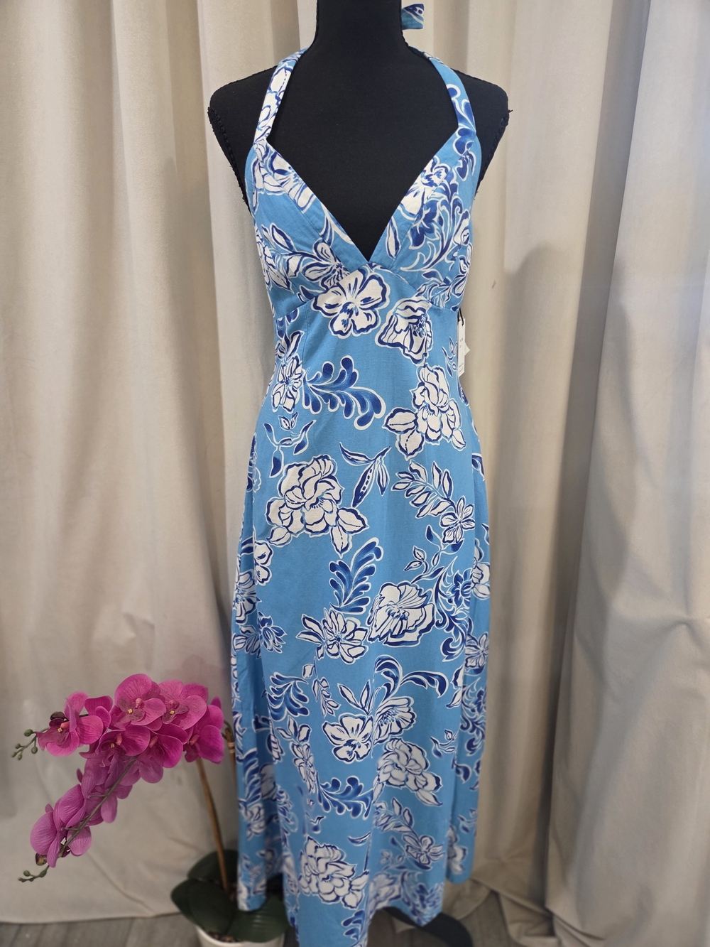 Blue Floral Halter Maxi Dress by